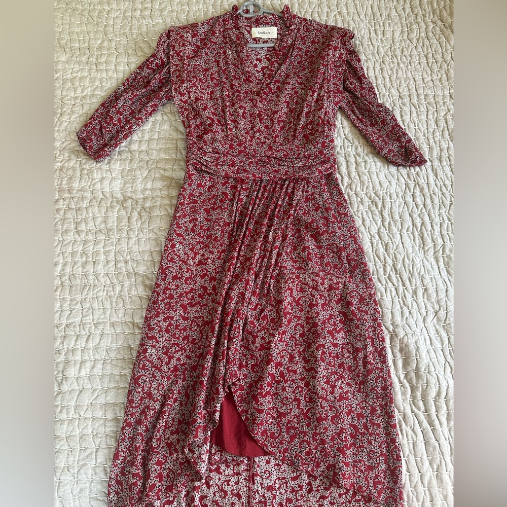 ba&sh Red and White Long Sleeve Wrap Sundress